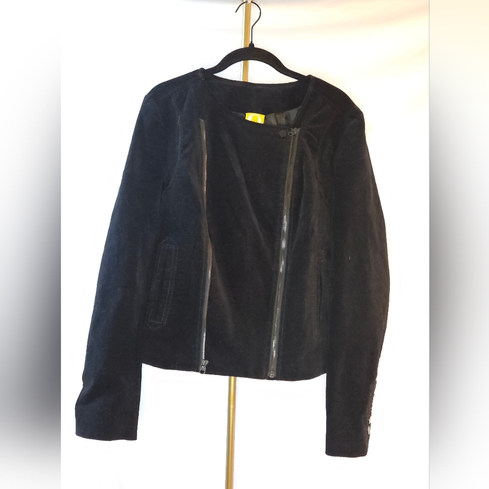 QMack Women's Black Velour Moto Jacket Asymmetrical Zip Biker